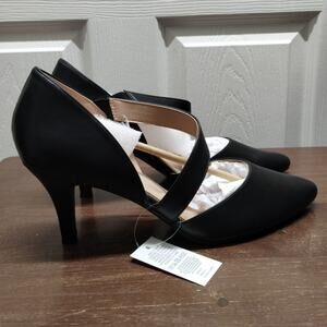 Black Stiletto Heels Women Size 11 Faux Leather Asymmetric Strap Pointed Toe